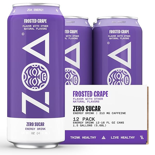 ZOA ZERO SUGAR ENERGY DRINKS, FROSTED GRAPE – SUGAR FREE WITH ELECTROLYTES, HEALTHY VITAMIN C, AMINO ACIDS, ESSENTIAL B-VITAMINS, AND CAFFEINE FROM GREEN TEA – 16 FL OZ (12-PACK)