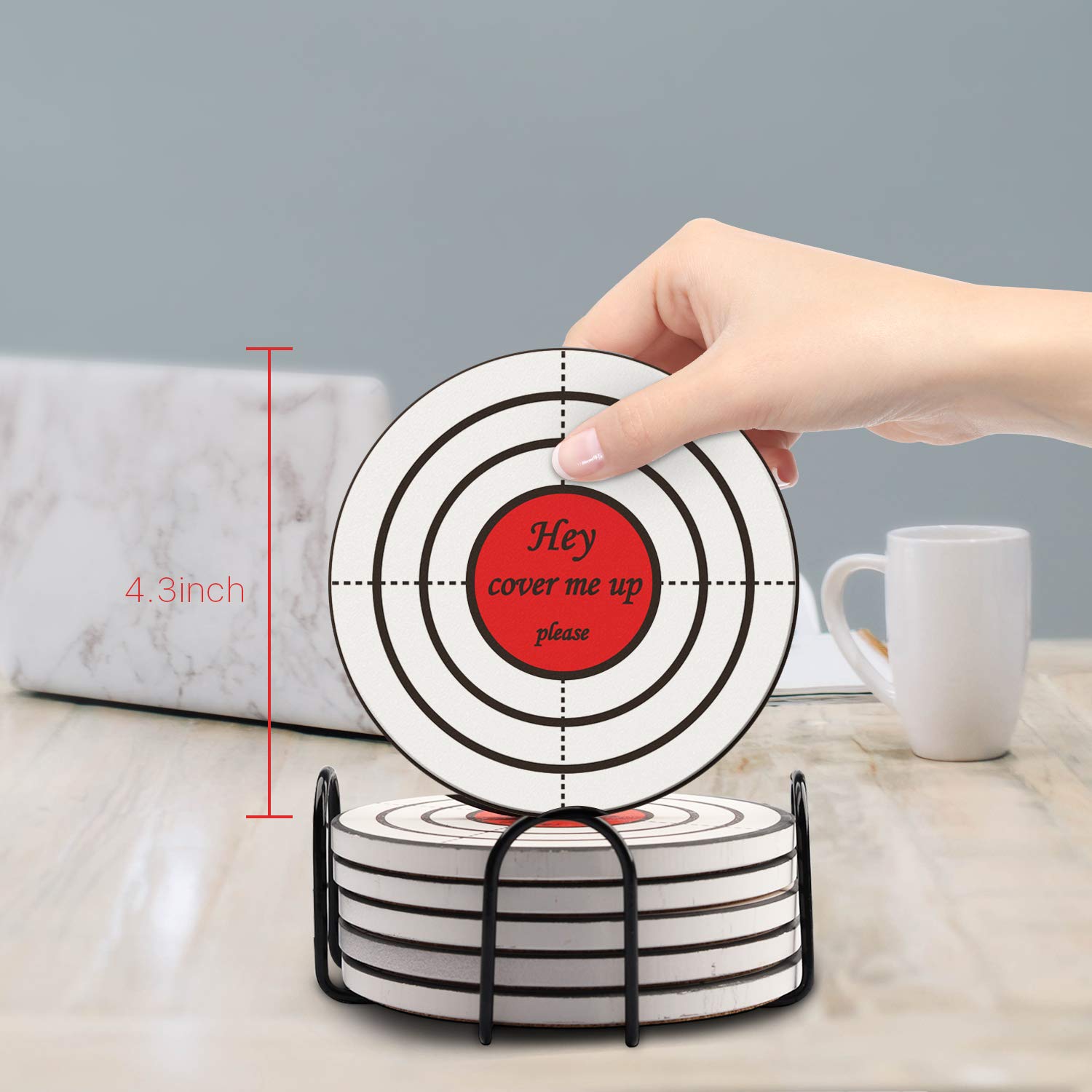 Drink Coasters, 6 PCS Coasters for Drink Absorbent with Metal Holder, Ceramic Coasters with Cork Base to Protect Furniture from Scratch and Dirty