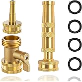 Vneirshah Heavy Duty Brass Hose Nozzle 3-Piece Set | Adjustable spray nozzle with shut-off valve for gardens, lawns, car cleaning and patios, includes 4 extra washers