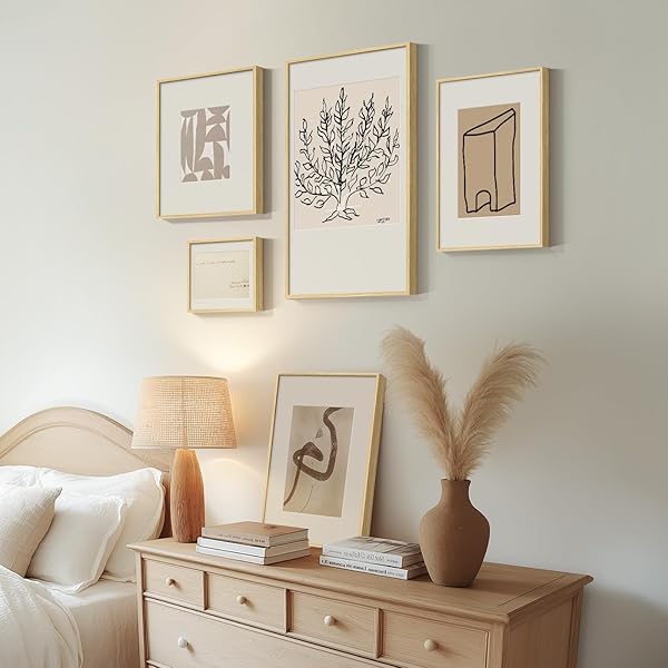 FRAMED MATISSE ABSTRACT NEUTRAL WALL ART, 5 PIECE LARGE BEIGE CANVAS PRINTS SET, MODERN MINIMALIST GEOMETRIC BOTANICAL PAINTINGS FOR LIVING ROOM, BEDROOM, HALLWAY, HOME OFFICE, GUEST ROOM