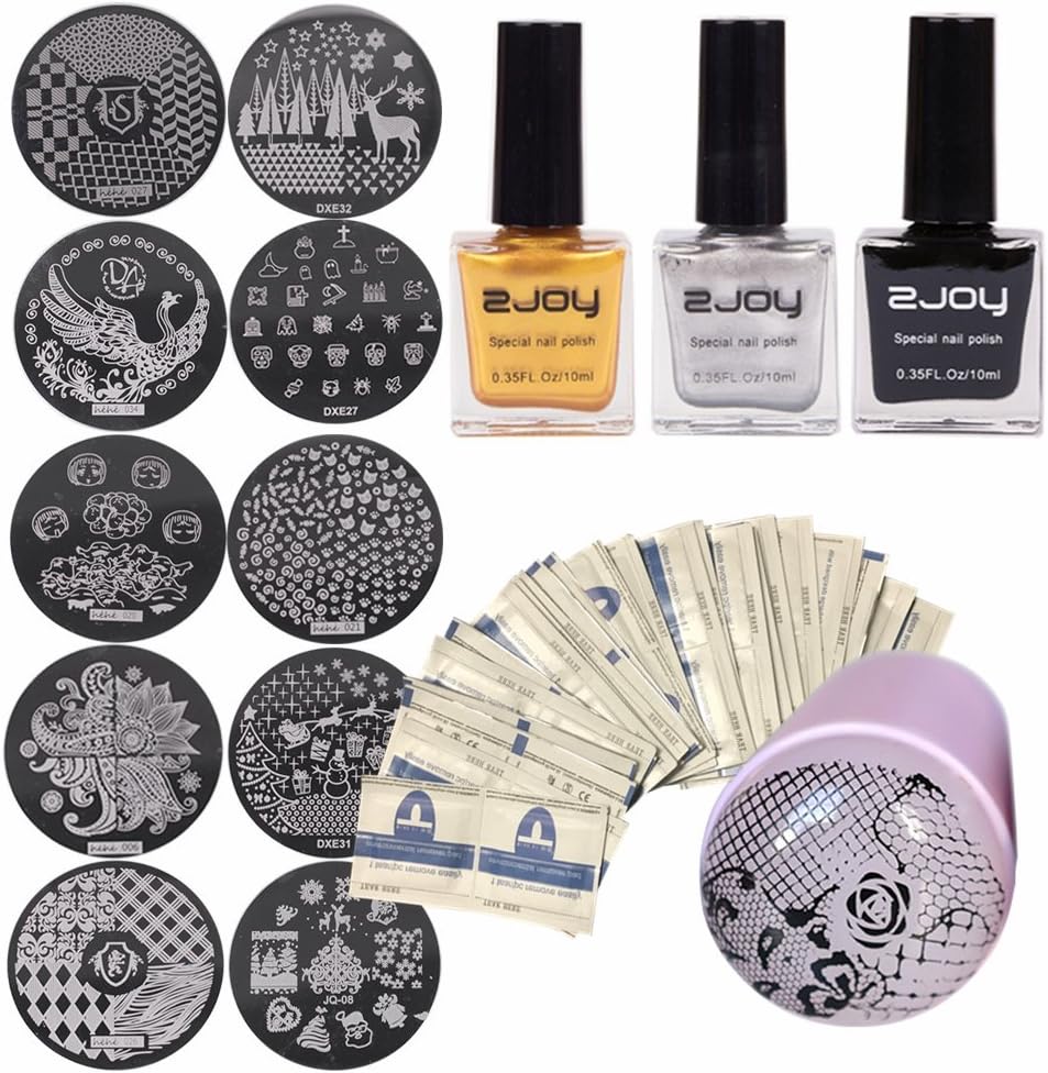 Joligel Nail Art Stamping Kit, Silicone Stamper Pink + Scraper + 3 Stamping Polishes (Black Gold Silver) + 10 Stamps Plates + 50 Gel Polish Remover Wraps, Professional Nail Stamping Set for Manicure Nail Art DIY Nail Design Nail Decoration