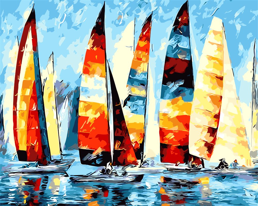 Gofission Paint by Numbers Sailboat Ocean Scene, 16x20 inch Canvas DIY Number Painting Kits (Sailboat 2, Frameless)
