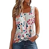 VKEGNIO Ruffled Square Neck Tops For Women Color Block Summer Tank Tops Striped Sleeveless Tops Casual Loose Fit