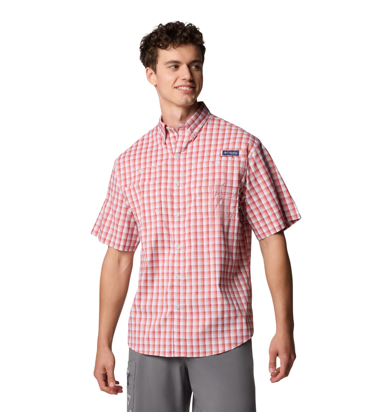 Columbia Men’s PFG Super Tamiami Short Sleeve Fishing Shirt, Dusty Crimson Gradient Check, X-Small