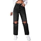 SweatyRocks Women's High Waist Ripped Distressed Cropped Jeans Straight Leg Denim Pants