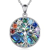 HOPEEZZ 7 Chakra Necklace Sterling Silver Tree of Life 12 Birthstone Necklace Yoga Pendant Jewelry Gifts for Women