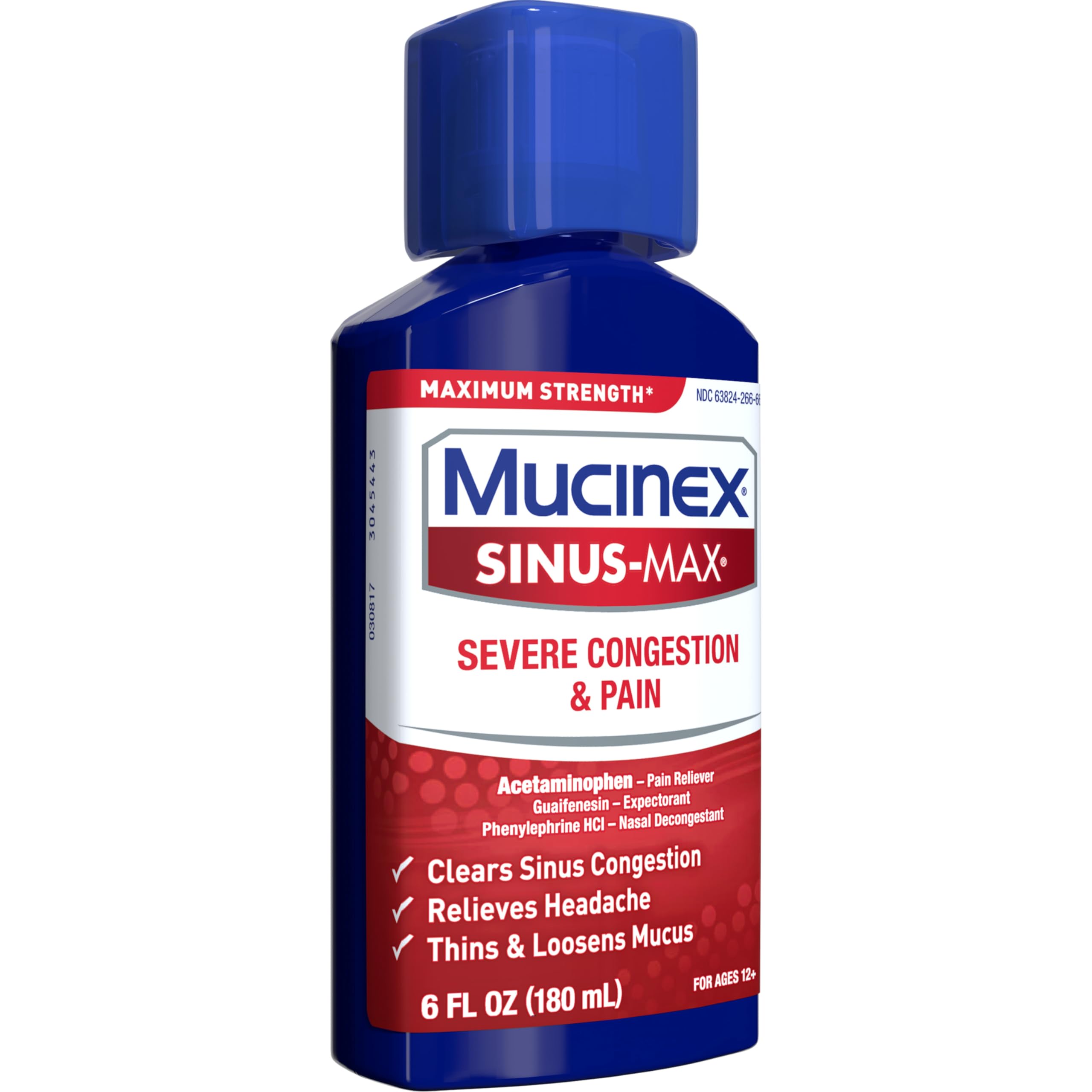 Mucinex Severe Congestion & Pain Relief, Sinus-Max Max Strength, 6oz Clears Sinus & Nasal Congestion, Relieves Headache & Fever, Thins & Loosens Mucus