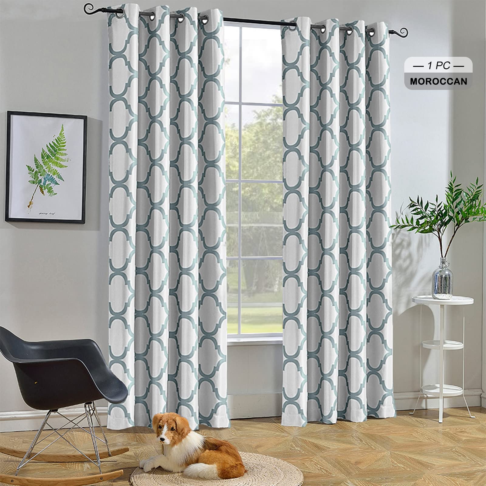 Melodieux Moroccan Fashion Thermal Insulated Grommet Room Darkening Curtains for Living Room, 52 by 84 Inch, Off White/Dusty Teal (1 Panel)
