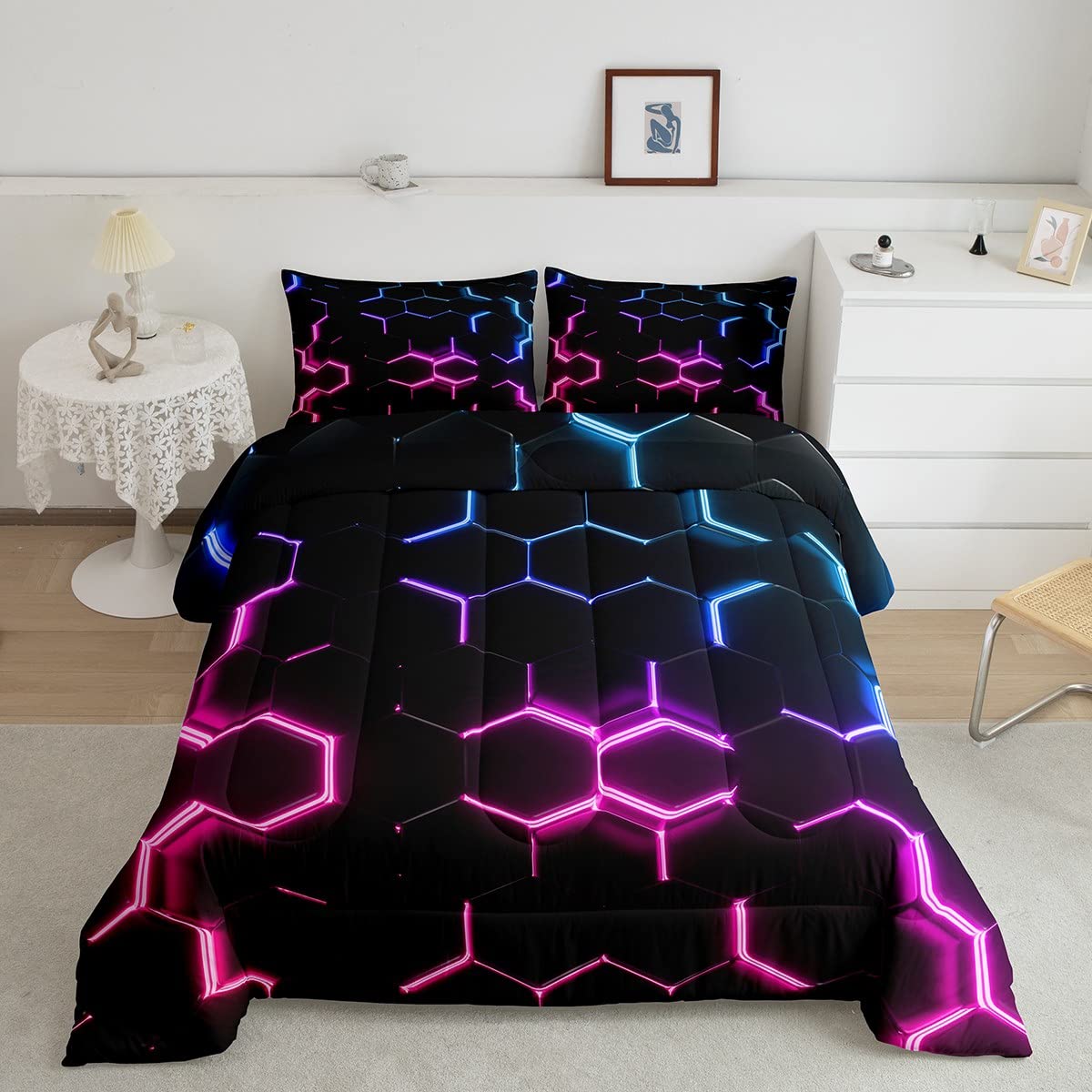 Loussiesd Red Purple Blue Black Print Duvet Set Hexagonal Bedding Set Kids Boys Honeycomb Decor Beehive Geometric Quilt Collection 2Pcs Single