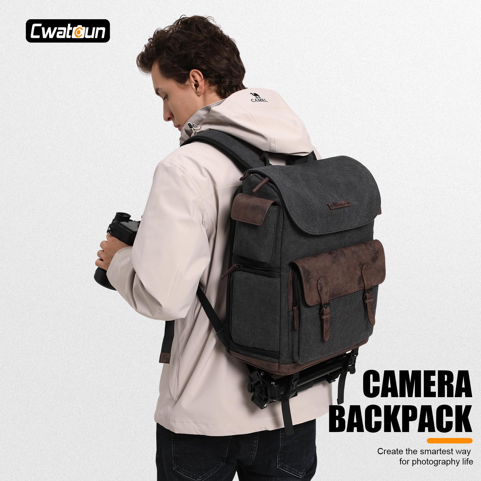 Cwatcun Canvas Camera Backpack, DSLR SLR Camera Bags for Photographers with Waterproof Rain Cover, Camera Case with Laptop Compartment & Tripod Holder for Canon Nikon Sony Fuji Camera & Lenses