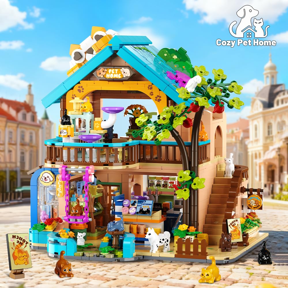 INSOON City Haustierladen Bauspielzeug mit Lichtern, Haustierhaus Klemmbausteine Spielzeug mit Katzen Hunden Kaninchen, 1431 Stück Tierladen Modell für Erwachsene Kinder Jungen Mädchen ab 10-12+ 6