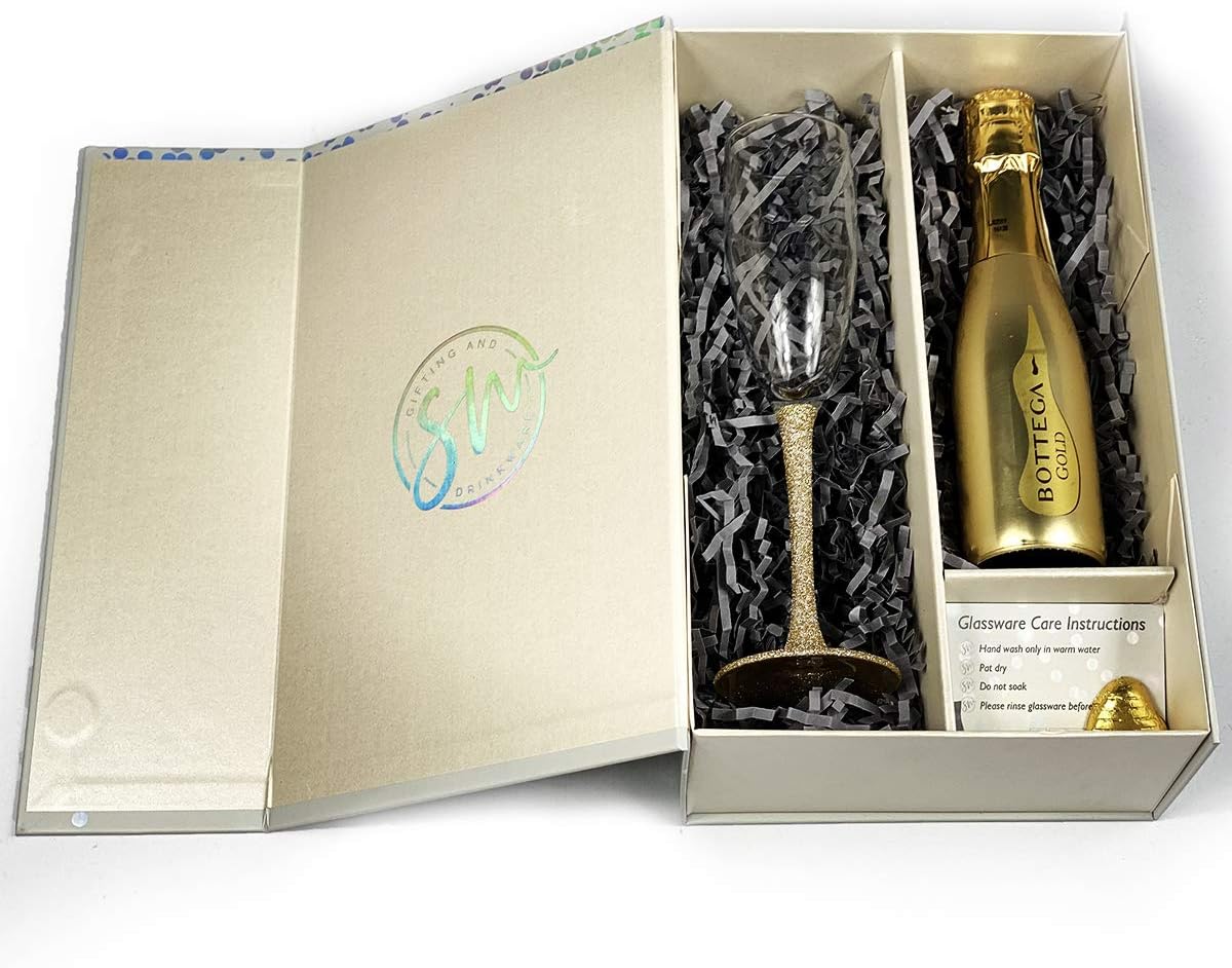 Gold Bottega Prosecco DOC 20cl Gift Set Hamper With Matching Sparkling Champagne Flute, Chocolates & Gift Box - Thank You Gift For Her (Sparkling Stem)