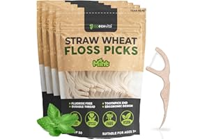 GOECOVITA Dental Floss Picks - Straw Wheat Handle Flossers | Thin & Shred-Resistant Thread for Tight Gaps | Flossers for Adults | Gentle on Gums & Teeth (200 Pack, Mint)