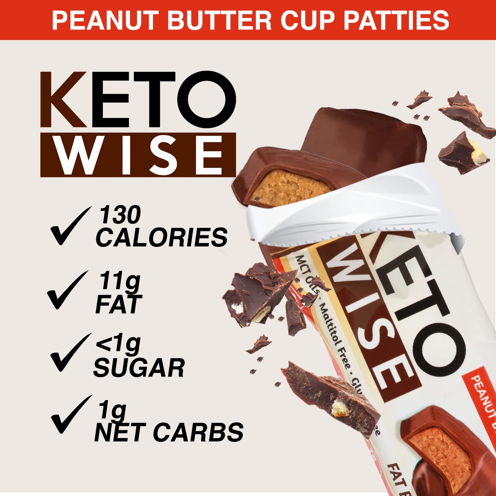 Keto Wise Fat Bombs - Made with Chocolate containing MCT Oil - Low Fat, Low Carb and Keto Friendly Snack - 10g Fat, 1g Net Carbs | Peanut Butter Cup Patties, 16 Count (Pack of 1)