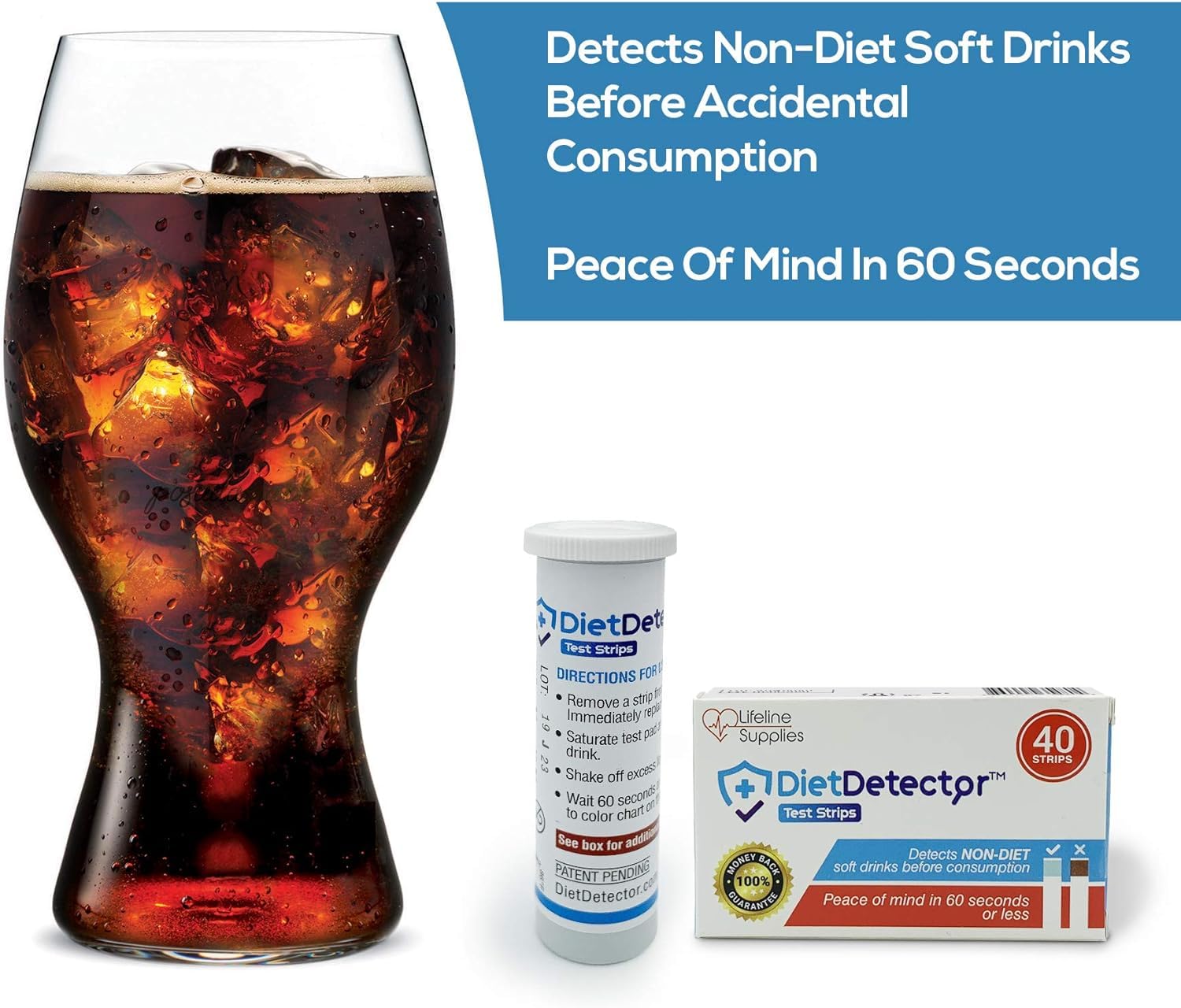 DietDetector Test Strips - Detects Non-Diet Soft Drinks Before Accidental Consumption - A Must Have for Diabetics and The Health Conscious - 40 Strips Per Box