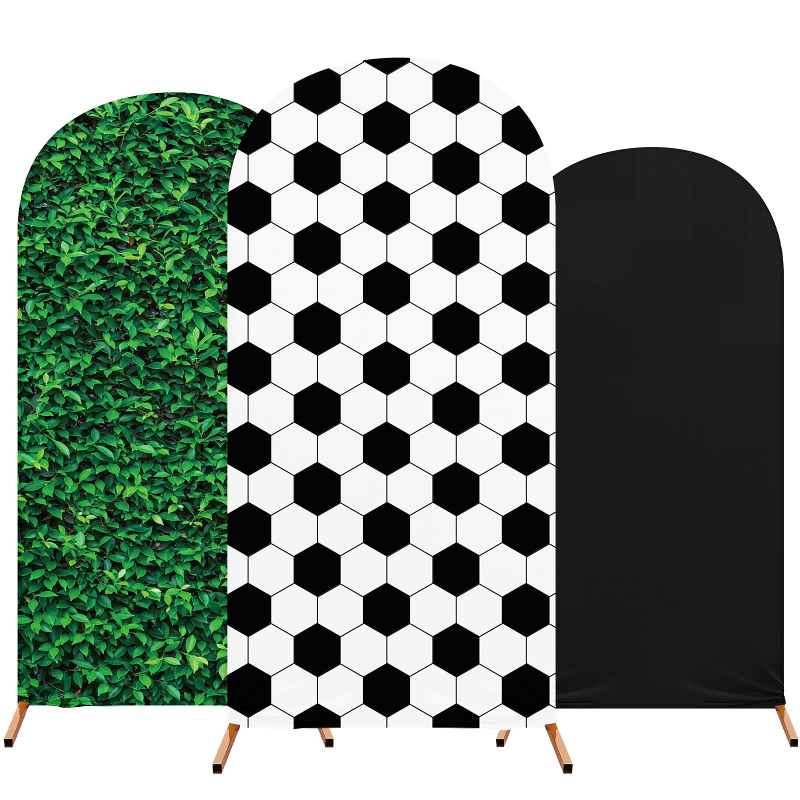 Photo 1 of Tingjoo 3 Pcs Soccer Theme Arch Stand Cover Spandex Fitted Round Top Arch Backdrop Soccer Theme Birthday Party Decor for Wedding Birthday Party Anniversary 4ft 5ft 6ft(Black,Lawn)