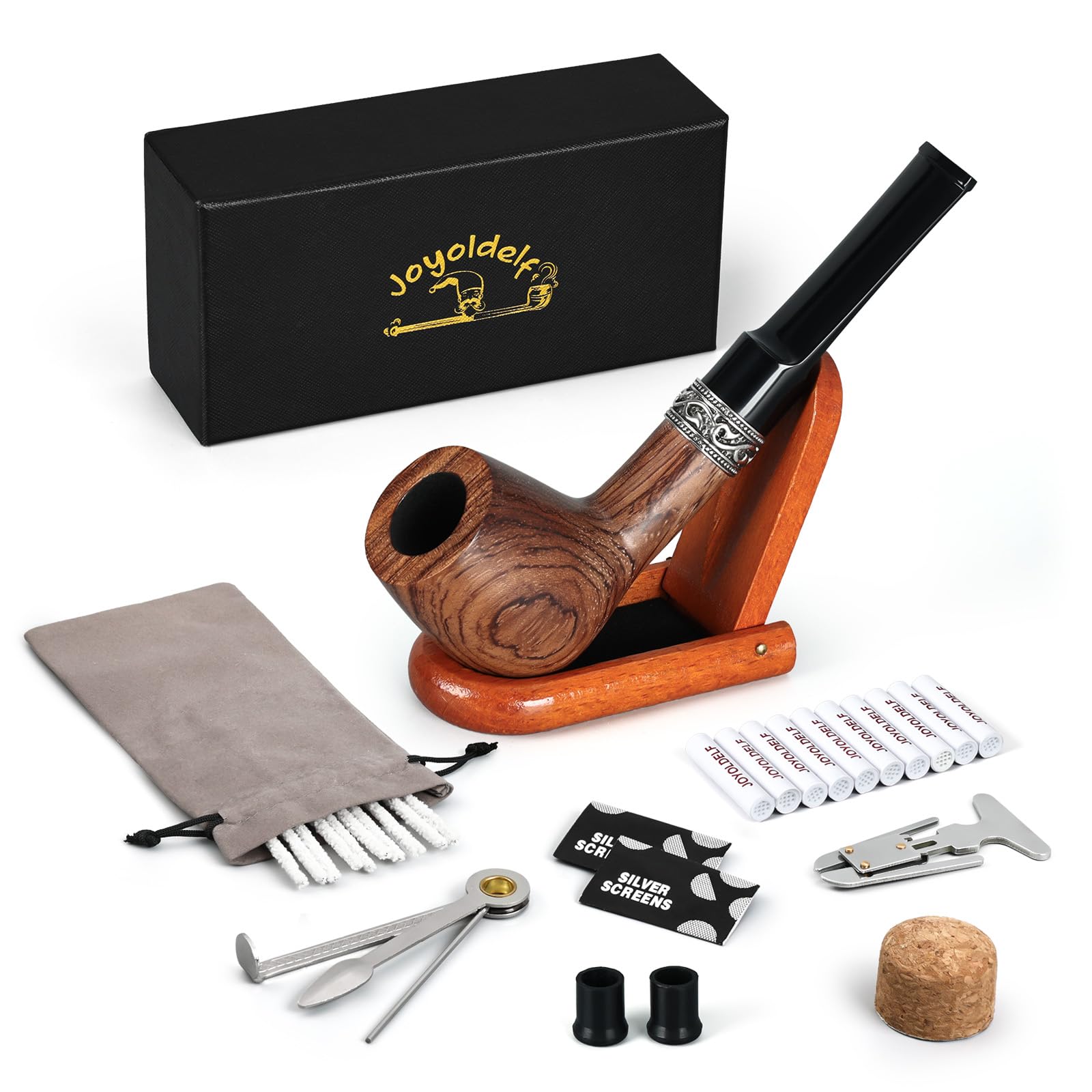 Joyoldelf Tobacco Pipe Straight Smoker, Rosewood Smoking Pipe Set Including Foldable Pipe Stand, 3-in-1 Pipe Scraper, Pipe Filters and Other Pipe Accessories