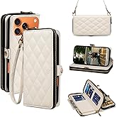 Rssviss Crossbody Case for iPhone 17 Pro Max Case Wallet, RFID Blocking Leather with Card Holder Kickstand, Handbag Zipper Flip Cover with Wrist Strap for iPhone 17 Pro Max Men Women 6.9", White