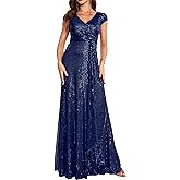 meilun Short Sleeve Sequin Dress for Women Formal Evening Gowns Sparkly V Neck 1920s Long Dress