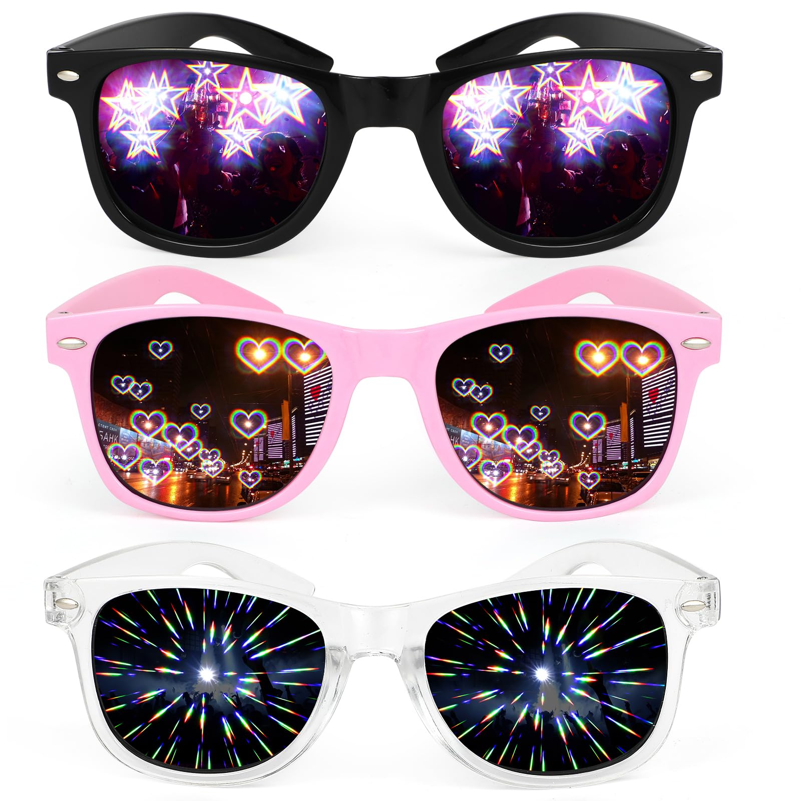 Hifot 3 Pcs Diffraction Glasses - 3D Prism Rainbow Heart Star Effect with Black Frames, Light Refraction Glasses, Rave Sunglasses Women Men for Night Edm Concert Festival Party Club Rave Accessories