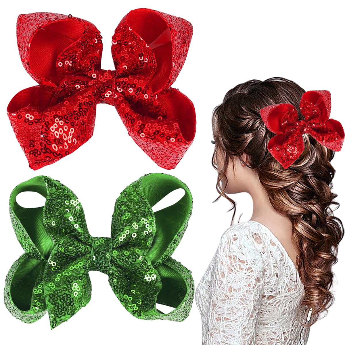 Photo 1 of  Green Hair Bows Clips Christmas 5 Inches Glitter Sequins Hair Bows Clips Ribbon Hairpin Cheer Alligator Clips Bows Hairpins Barrette for St. Patrick's Day Holiday Girls Women ( GREEN ONLY)