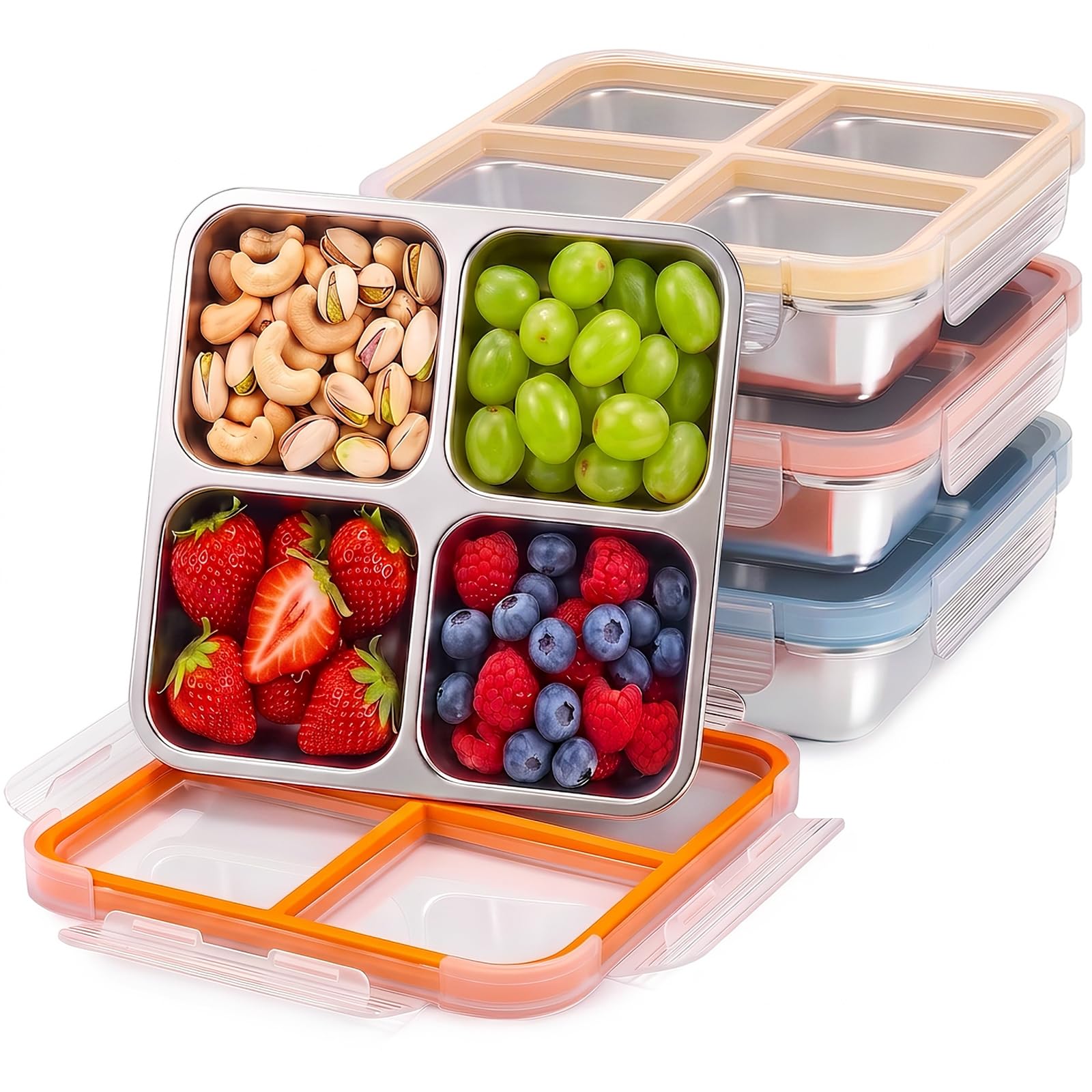 4 Pack Stainless Steel Snack containers, Leak-Proof, 4 Compartments, 3 Cups | Reusable,BPA-Free, 18/8 Stainless Steel Tray, D