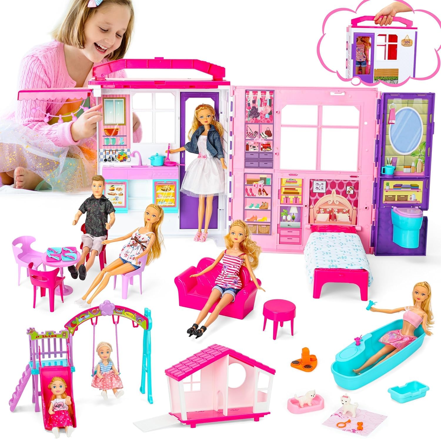 Large 6-in-1 Foldable Dollhouse Playset – 60+ Furniture and Accessories, 2 Small Dolls, Pet House & Outdoor Play Set – Portable Travel Playhouse Suitcase – Fits 29 cm Fashion Dolls (Not Included)