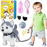 Marsjoy Husky Walking Dog Toy for Girls Barking Puppy with Control Leash, Realistic Wagging Tail Robot Interactive Musical Dancing Animated Plush Stuffed Animal Electronic Pet for Kids Toddlers