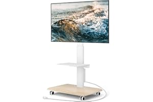 YOMT Floor TV Stand with Power Outlet, Universal TV Stand for 32-70 inch TV, Swivel Rolling Height Adjustable Portable TV Stand on Wheels, Modern Mobile Wood Base White TV Stand