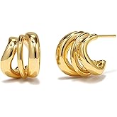 Chunky Gold Hoop Earrings for Women, 18K Gold Plated Triple Hoop Earrings, Small Thick Hoops Split Huggie Earring Aesthetic Hypoallergenic Lightweight Trendy Jewelry Gift for Women
