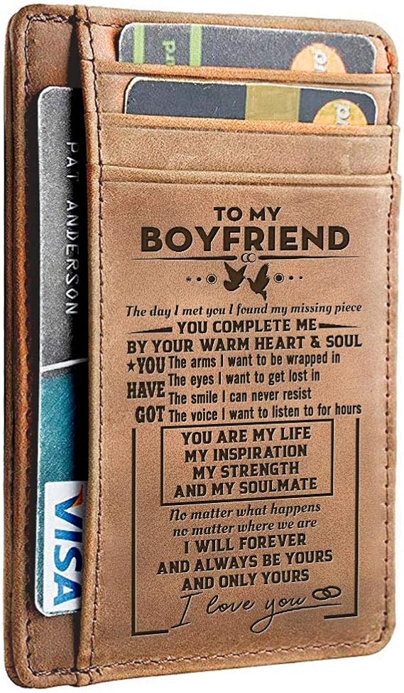 To My Boyfriend Card Wallet CB167, Brown, MiniMen's Gift Leather