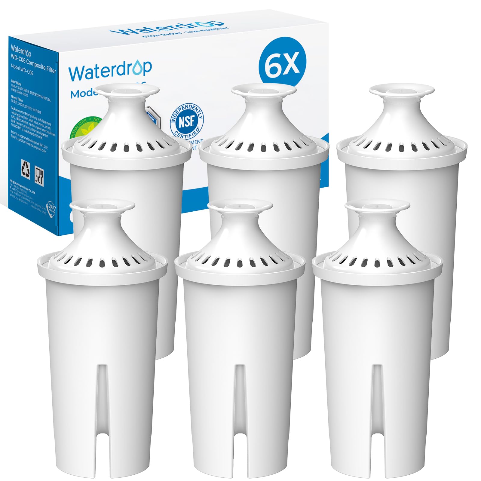 Waterdrop Water Filter Cartridge, Replacement for Most Brita® Jugs and dispensers, Classic OB03, Ultramax, Mavea® 107007, 35557, PearlCo®, NSF Certified, TÜV SÜD,6 Pack, Package May Vary
