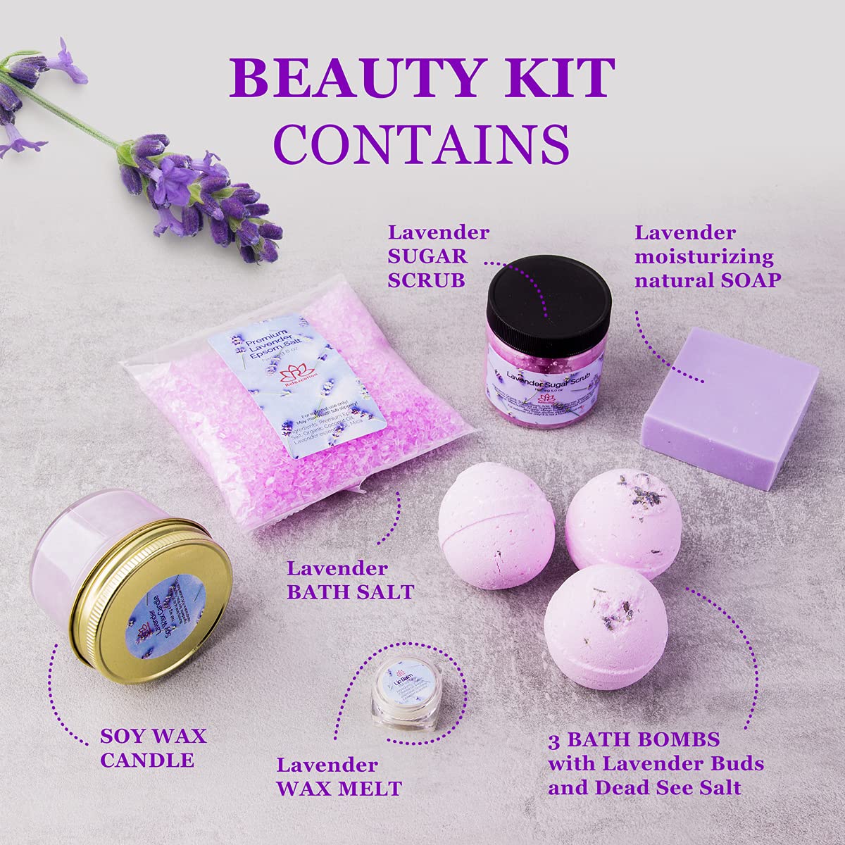 Made in USA Spa Gift Baskets for Women Organic Lavender, Bath and Body at Home, Spa Kit, Soy Wax Candle, Natural Oil Bath Salt, 3 Bath Bombs, Soap Bar, Body Sugar Scrub, for Mom, Girls
