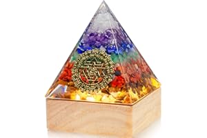 VSPDVO Healing Crystal Pyramid with LED Base, Orgone Energy Healing Stones, Meditation and Spiritual Decor, Wooden Stand (7 Chakra)