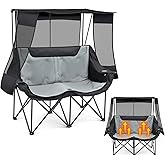 Teenyyou Oversized Double Camping Chair with Canopy, 660lbs Folding Camping Loveseat with Padded Seat and Cup Holders, 4-Zone Heated Outdoor Chair for Lawn Beach Camp Winter, Use 5v/3a Power Bank