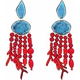 Boho Red Bead Tassel Earrings for Women, Geo Turquoise Stone Stud Beads Drop Earrings with Handmade Tassel for Summer Beach, Party