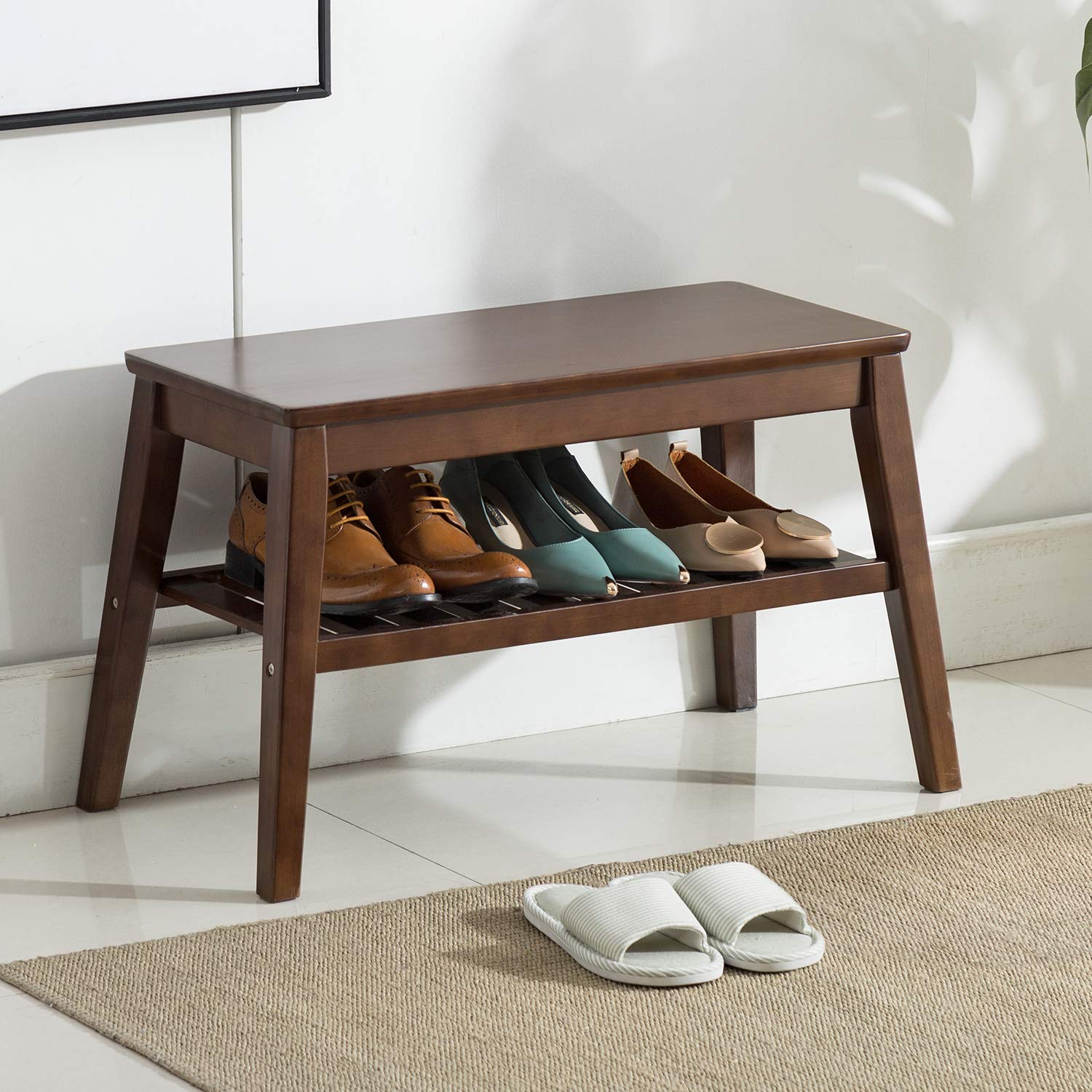 Shoes Rack Bench NNEWVANTE Free Standing Wearing Shoes Bench Storage Shelf Side End Table for Entryway Bathroom Living Room Pure Wood 25.6inch Walnut