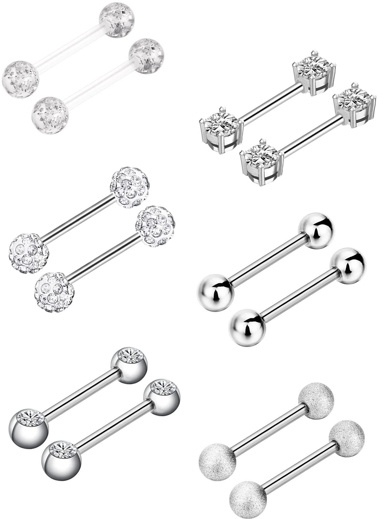 6 Pairs Nipple Bars Surgical Stainless Steel Piercing Titanium Barbell Ring Tongue Ring Cubic Zirconia Nipple Rings Body Piercing Jewelry, 14 Gauge