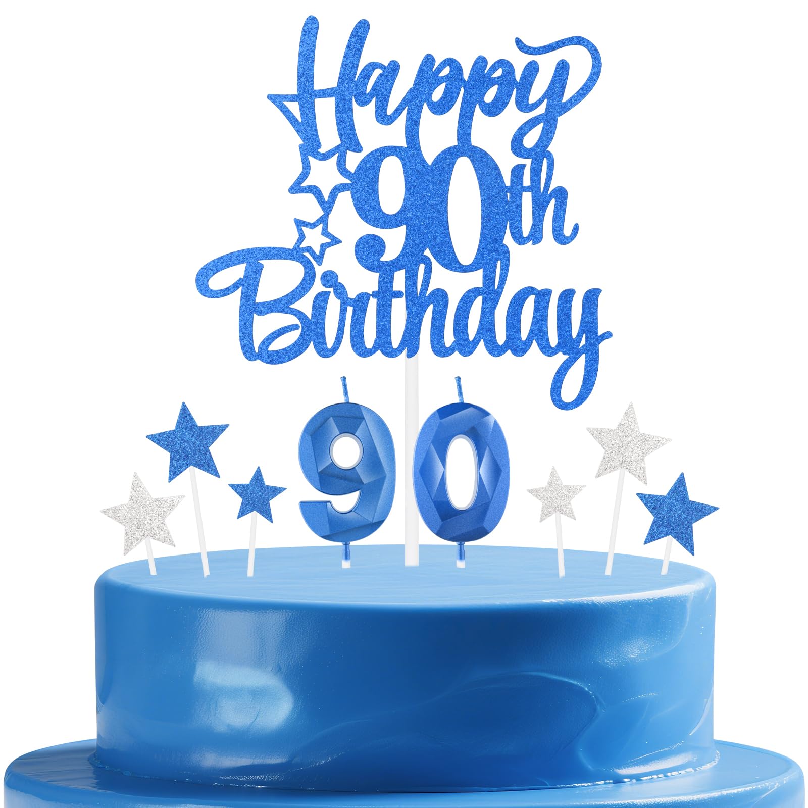 mciskin Royal Blue 90th Birthday Candles Cake Toppers Set,90th Birthday Decorations for Men,Sapphire Number 90 Candle for Cake,Royal Blue and Silver Star Cake Toppers for Men Women Birthday Party — image 1