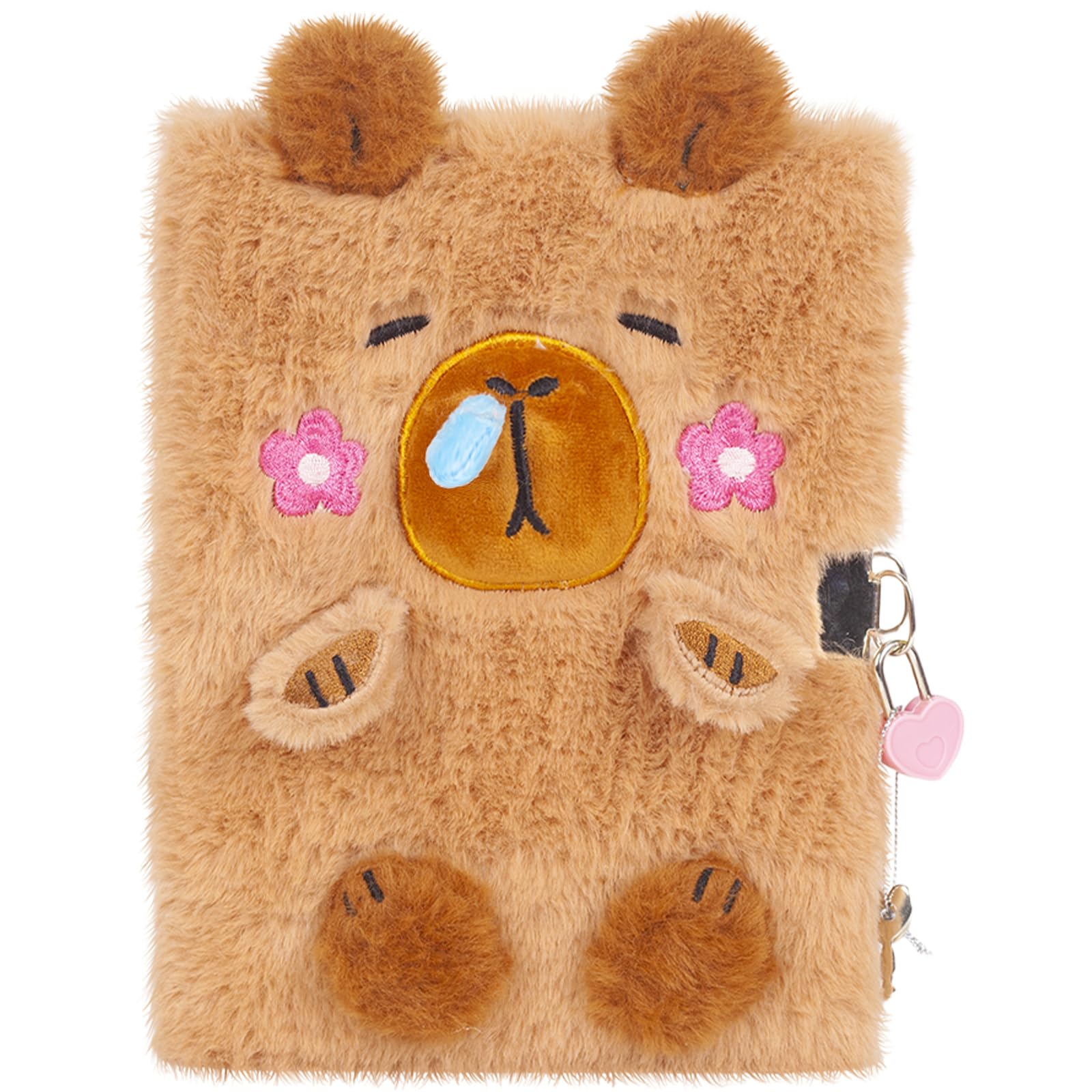 Pinkgarden Capybara Plush Diary for Girls with Lock and Key, Soft Furry Notebook with Capybara Design, 160 Pages, Cute Toys Gift for Teen Girls Ages 5-12