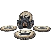Resin Bear Coaster Set – Rustic Lodge Decor with 4 Bear Paw Print Coasters and Sturdy Holder – Cabin Style Drink Coasters for Coffee Table, Bar, Kitchen – Great Gift for Wildlife & Nature Lovers