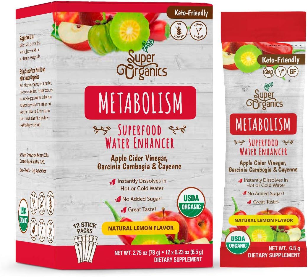 Super Organics Metabolism Superfood Water Enhancer (USDA Organic, Gluten-Free, Non-GMO, Vegan), 12 Count