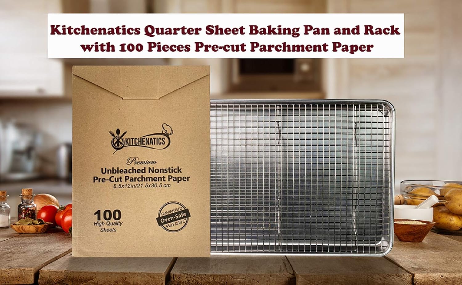 KITCHENATICS Small Baking Pan & Cooling Rack with 100 Sheets of Pre-Cut Parchment Paper, Quarter Size Aluminum Baking Pan & Stainless Steel Rack Set, Set for Oven & Grill, Non-Toxic, 9.6" x 13" x 1": Kitchen & Dining