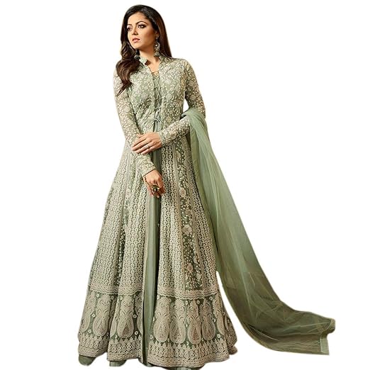 Womens Net and Santoon Anarkali Gown (YF_90, Green, Free Size)