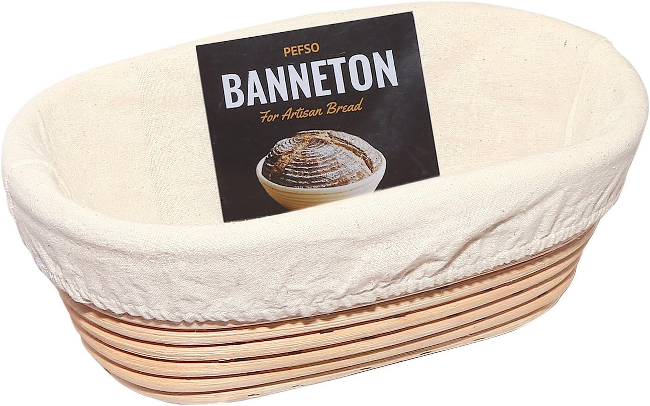 PEFSO Oval Banneton Rattan Bread Proofing Basket Brotform Truly Natural, Non-bleached Proving Basket Brotformen with Linen Liner cloth for Artisan Sourdough Bread (2pcs 10inch)
