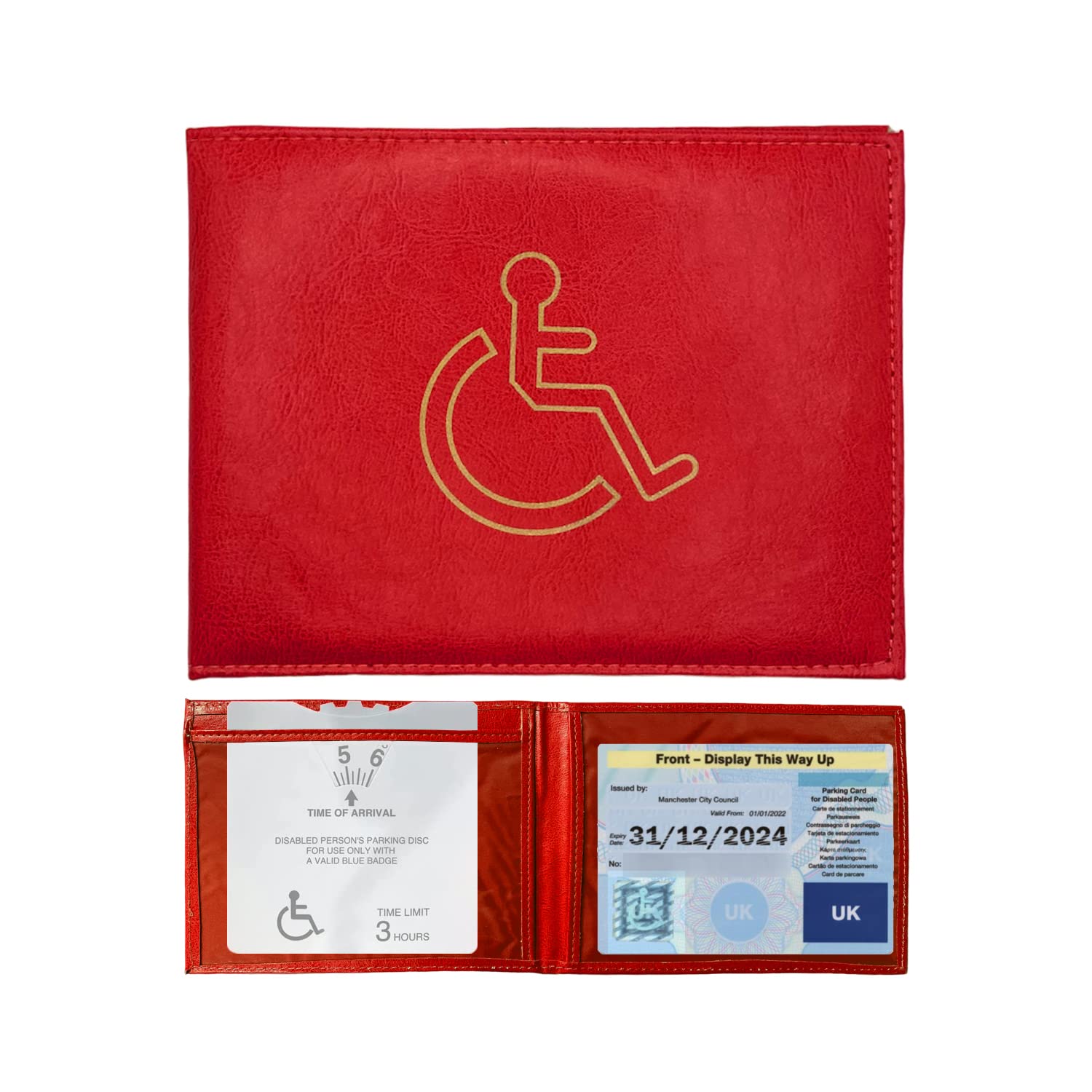 Woodland Leathers Red Disabled Badge and Timer Holder, PU Leather Badge Wallet for Car, Hologram Safe, Unisex Adults