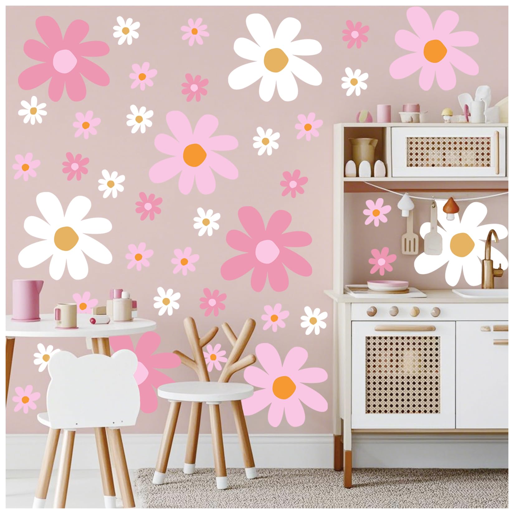 Photo 1 of 12 Sheets Large Flower Stickers for Wall Cute Pink White Flowers Decals Flower Wall Stickers for Girls Room Bedroom Nursery Home Decoration(pink12)
