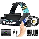 Rechargeable LED Headlamp 990000LM, Brightest Headlight with Motion Sensor, Zoomable, 9 Modes, IPX7 Waterproof, 125° Adjustab