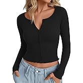 Oakgarden Women's Cropped Cardigan Cotton Long Sleeve Ribbed Y2k Button Down Shirt Scoop Neck Slim Fit Fall Top