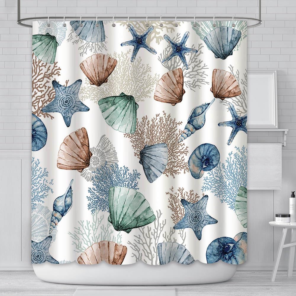 AIBIIN Nautical Coastal Shower Curtain Under The Sea Theme Bathroom Decor Marine Starfish Seashell coral Sea Waterproof Bath Curtain With 12 Hooks Modern Home Bathtub Fabric Decoration 180x180cm